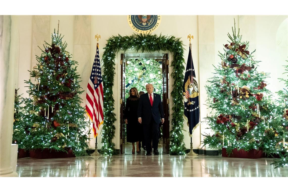 US-Präsident Donald Trump (r) und First Lady Melania Trump betreten in Washington die Cross Hall.