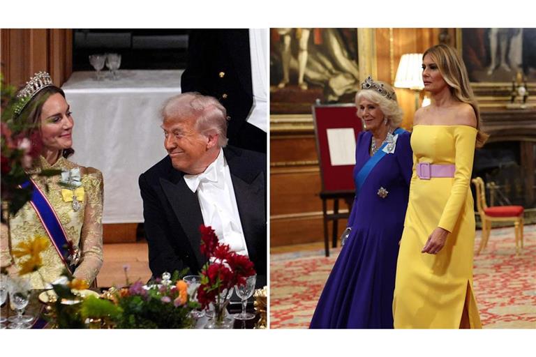 US-Präsident Donald Trump war offenbar sehr angetan von Prinzessin Kate (Foto links), für Diskussionen sorgte Melania Trumps Off-Shoulder-Robe.