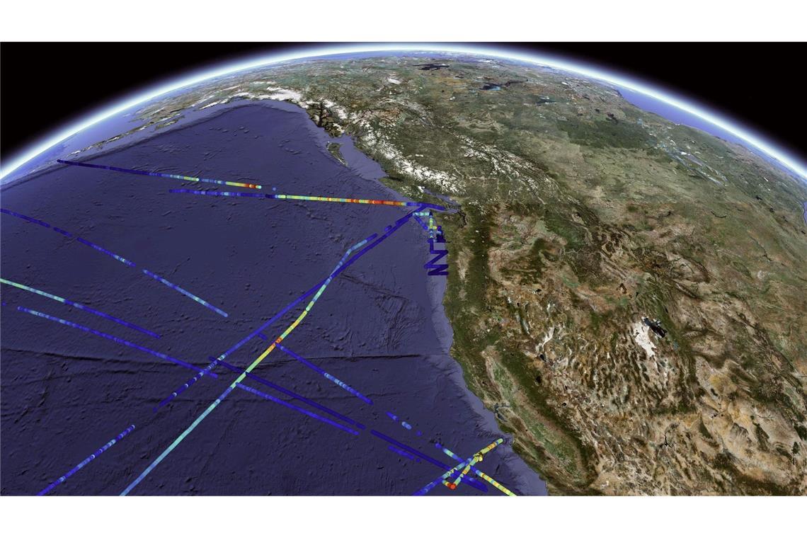 Verteilung der Phytoplankton-Biomasse, gemessen mit SeaFlow-Zytometrie vor der Küste Kaliforniens. Die farbcodierten Linien stellen die Biomassekonzentrationen dar, wobei wärmere Farben (rot-gelb) eine höhere Phytoplanktondichte und kühlere Farben (blau) eine geringere Konzentration anzeigen.