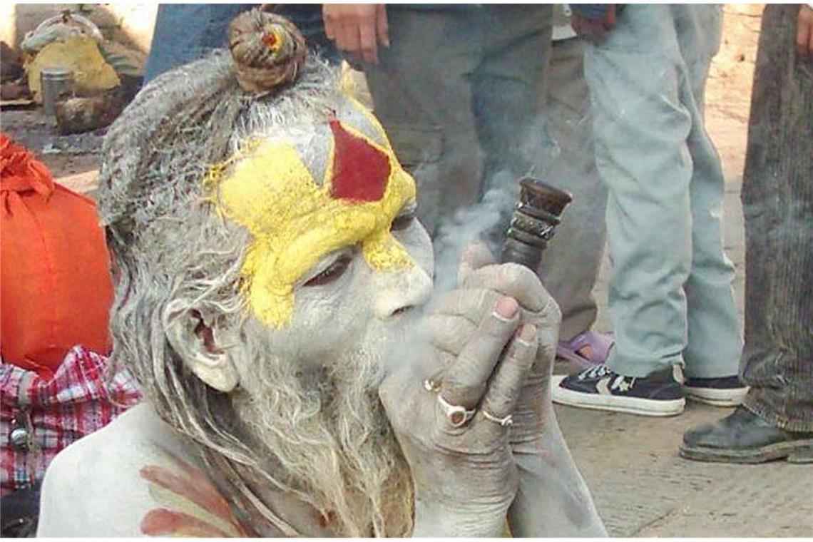 Viele Hindus leben vegan, was gemäß der hinduistischen Karma-Lehre als gute Tat gilt. Da jeder auch als Tier wieder geboren werden kann, ist es das höchste Gebot, alles Lebendinge zu schonen (Aschebedeckter Pilger an Shivaratri in Pashupatinath).