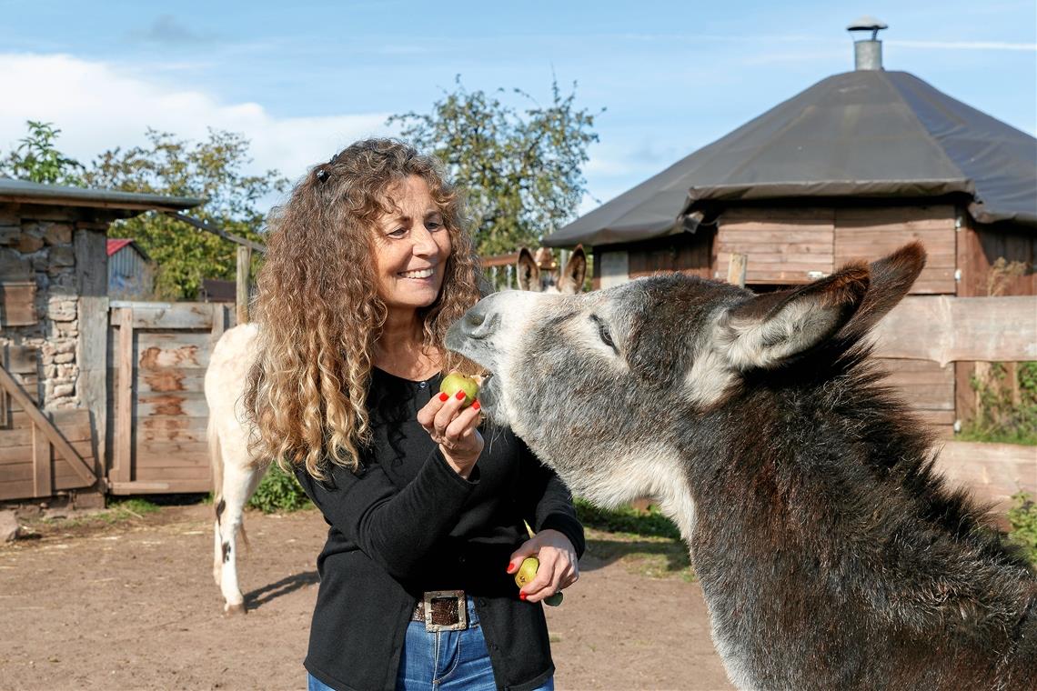 „Für die Tiere würde ich’s immer wieder tun“ Visnja Lamp lässt Joy am Fallobst des Geländes schnuppern, geben kann sie es ihm aber nicht, weil die Säure für die Zähne schädlich ist.