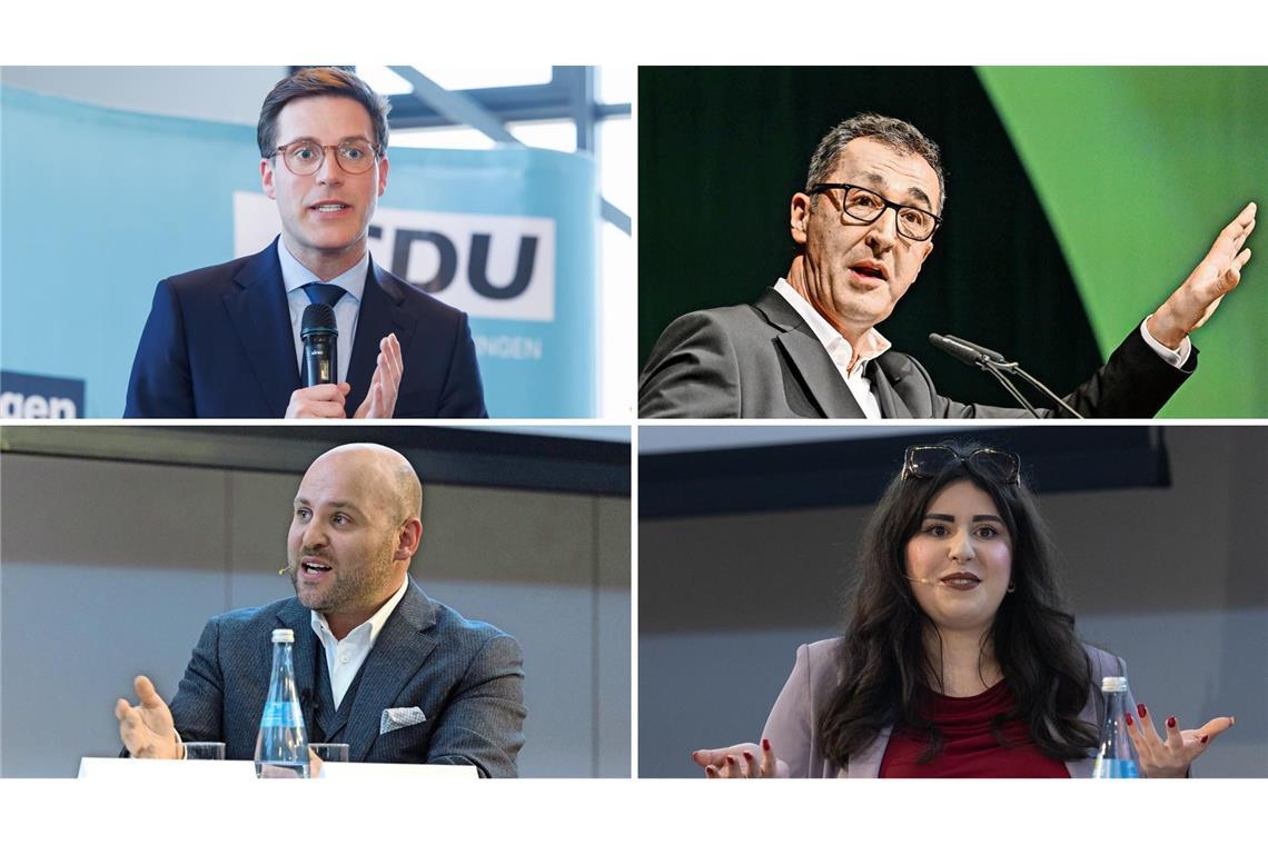 (v.l.n.u.) Manuel Hagel, Cem Özdemir, Markus Frohnmaier und Mersedeh Ghazaei haben sich zum Krieg im Iran positioniert.