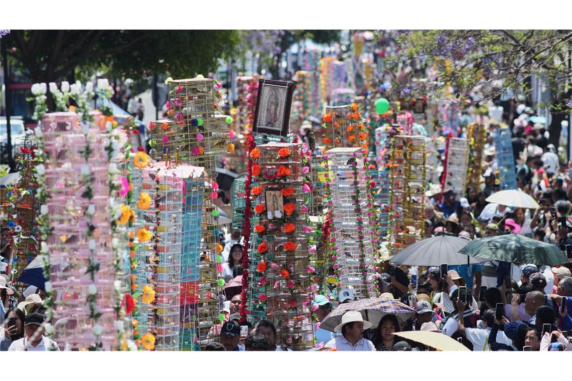 Vogelverkäufer gehen mit geschmückten Vogelkäfigen während einer jährlichen Wallfahrt zur Basilika Unserer Lieben Frau von Guadalupe in Mexiko-Stadt.