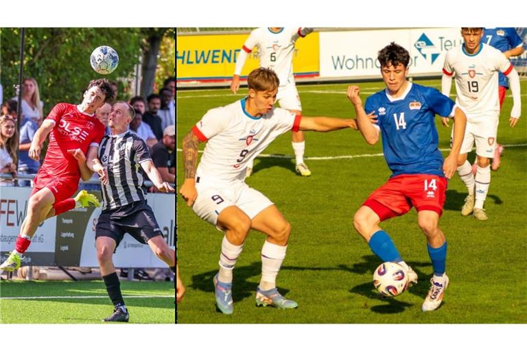 Von der Verbandsliga in die Nations League: Der 19 Jahre junge Bruno Poitner trägt normalerweise das rote Trikot des SV Fellbach (linkes Bild), kommt mittlerweile aber auch bereits auf fünf Einsätze für die A-Nationalmannschaft Liechtensteins.