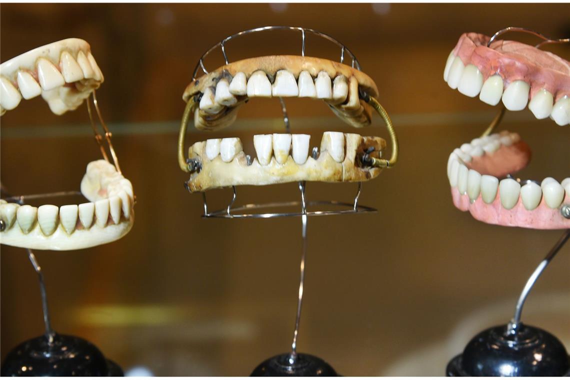 Vorsicht vor menschlichen Gebissen: Im Colditzer Dentalmuseum (Sachsen) sind in einer Vitrine Zahnprothesen zu sehen.