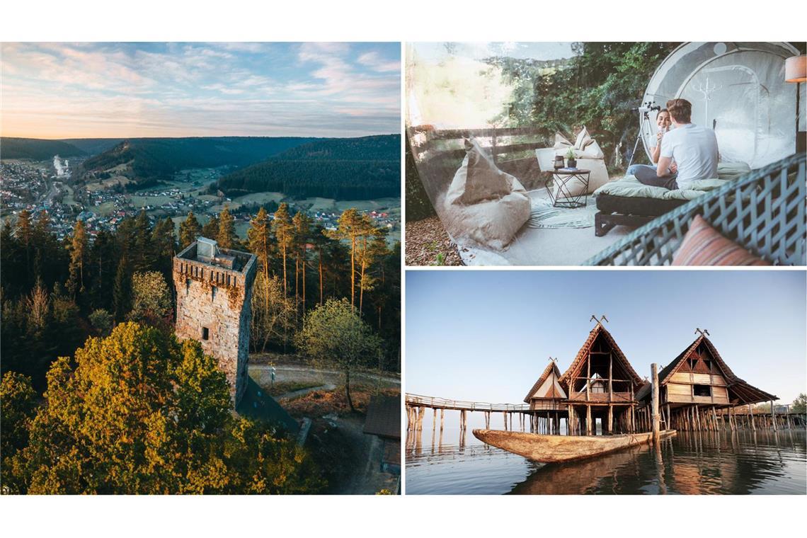 Tropfsteinhöhle und Steinzeitleben Wandern, entspannen und Geschichte erleben: Der Rinkenturm, Übernachten im Bubble Tent und die Pfahlbauten am Bodensee (im Uhrzeigersinn).