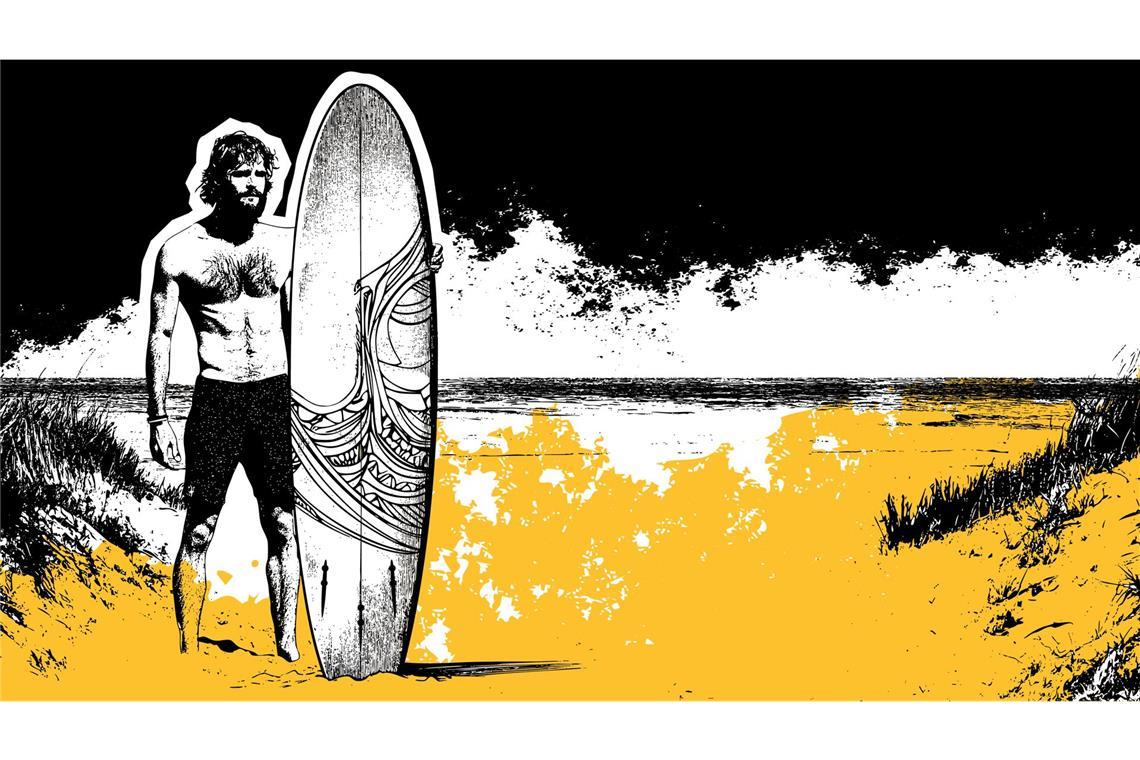 Und dann kommt die Welle Wellenreiten ist ein Gegenpol zu unserer schnellen, digitalen Welt. Im Wasser ist man nicht erreichbar und am Strand gibt es vielleicht nicht mal Handyempfang oder asphaltierte Straßen. Illustration: KI/Midjournay/Sebastian Ruckaberle