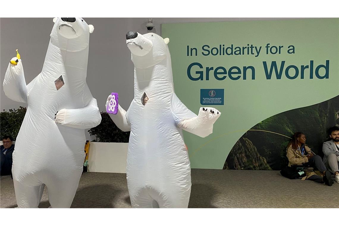 Bilder des Tages Weltklimakonferenz COP29 in Baku. Umweltaktivisten, verkleidet als Eisbären, machen bei einer Protestaktion auf der Weltklimakonferenz COP29 auf die Folgen der Erderhitzung aufmerksam.