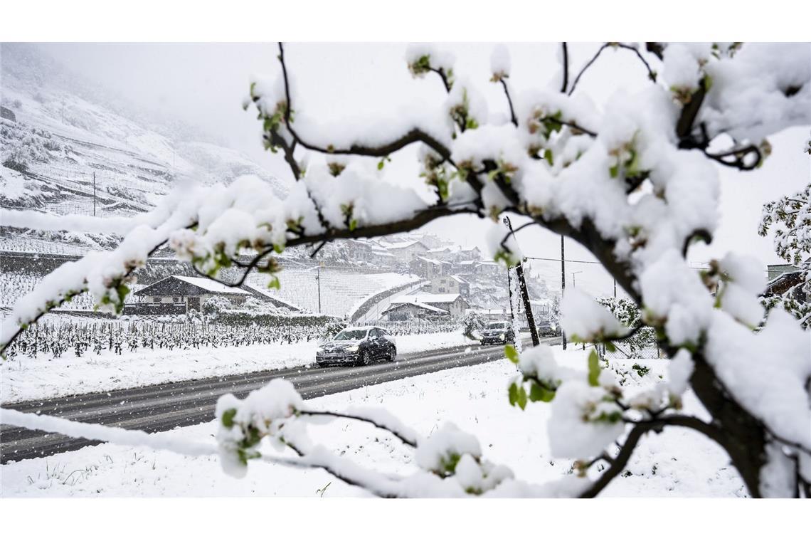 Bilder des Tages Wenig frühlingshaft: Schnee auf einer Straße im Wallis.