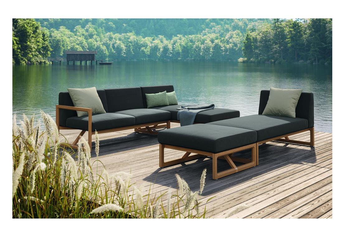 Wer es kantiger mag im dunklen Schokoton: Chaise longue und Sofa für Draußen namens „Trev“.