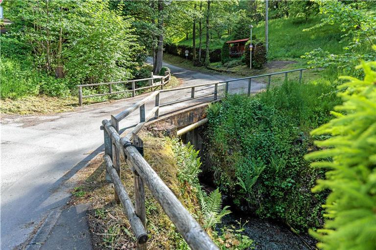 Wer zum Pflegeheim Eulenhöfle (Weg führt links den Berg hoch) will, muss die Brücke über den Großkeebach überqueren. Um im Notfall mit Feuerwehrdrehleiter zur Einrichtung zu kommen, muss während der Sanierung eine Ersatzbrücke eingerichtet werden.