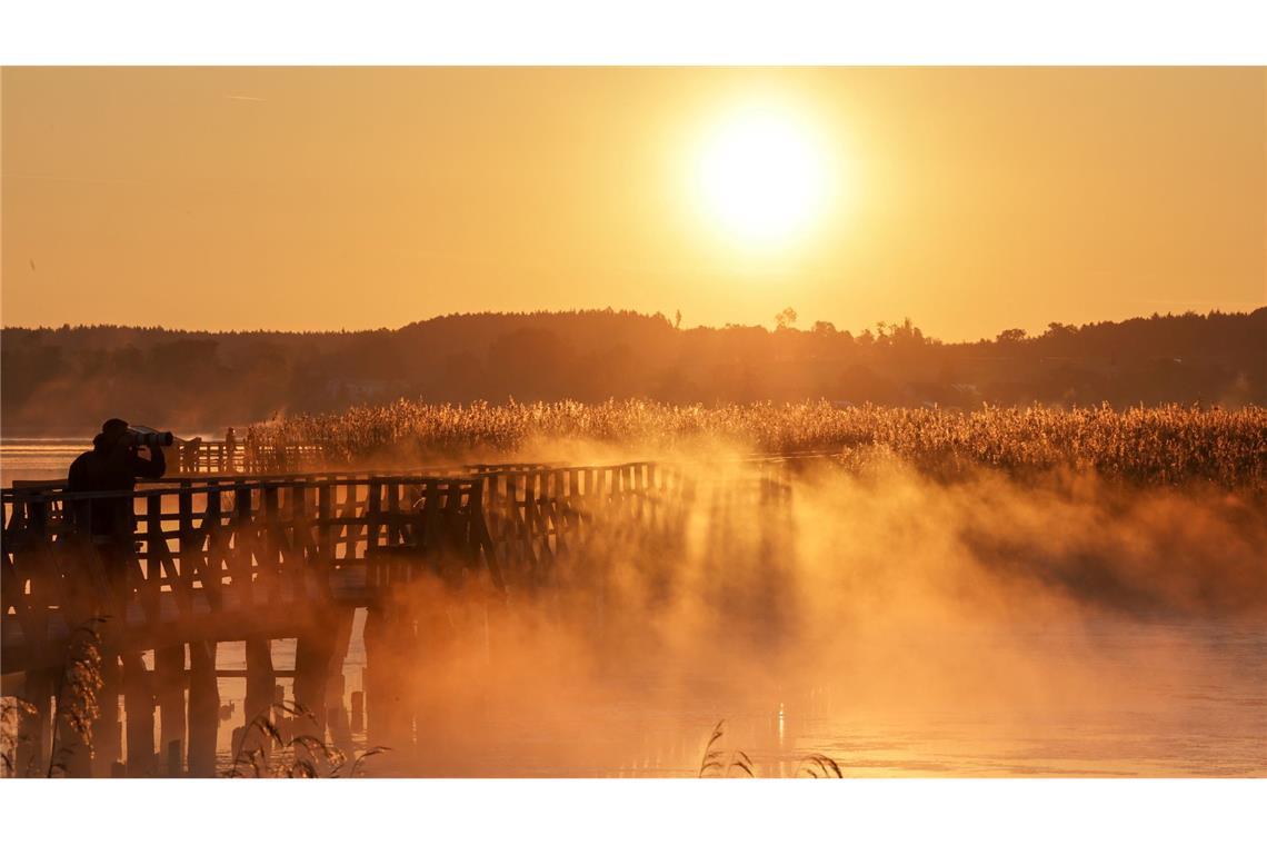 Bilder des Tages Wetter in Baden-Württemberg: Ein Mann fotografiert kurz nach Sonnenaufgang auf dem 1,5 Kilometer langen Federseesteg den Federsee.