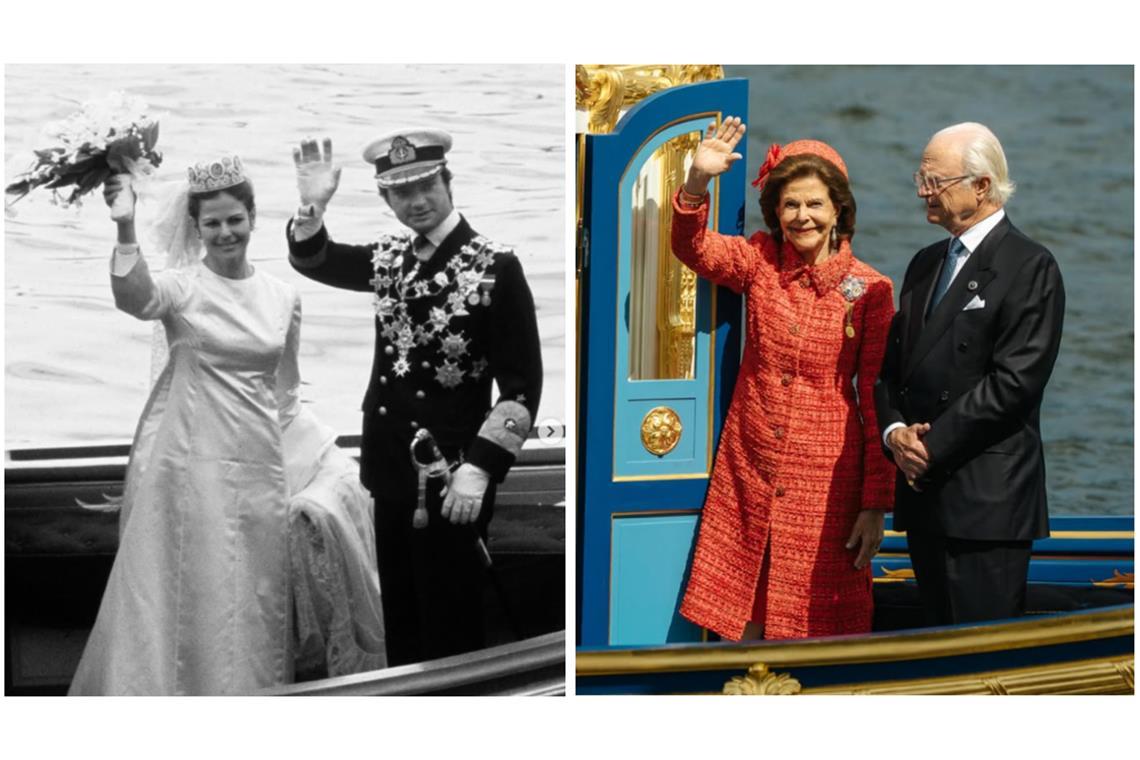 Wie vor 50 Jahren: Königin Silvia und König Carl Gustaf von Schweden fahren mit einer Barkasse durch Stockholm.