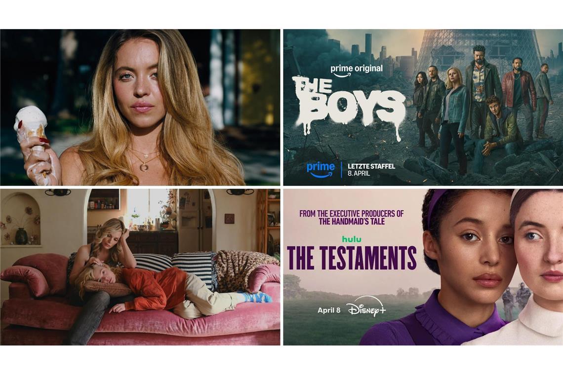 Wie wäre es zum Beispiel mit „Euphoria“, „The Boys“, „The Testaments“ oder „Only Margo“ (von links oben im Uhrzeigersinn)? Einige unserer Streamingtipps im April