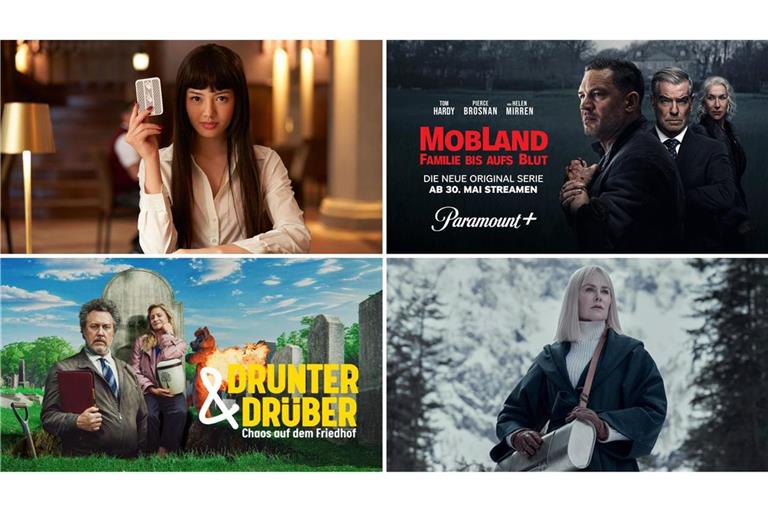 Wie wär’s zum Beispiel mit „Bet“, „MobLand“, „Nine Perfect Strangers“ oder „Drunter & Drüber“ (von links oben im Uhrzeigersinn)? Einige unserer Serientipps im Mai