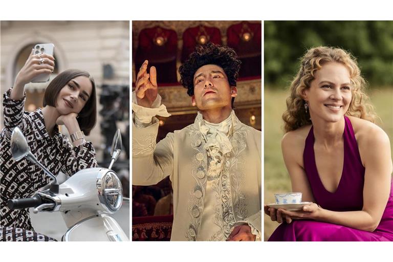 Wie wär’s zum Beispiel mit „Emily in Paris“, „Amadeus“ oder Miss Sophie“ (von links)? Unsere Serien-Streamingtipps für Dezember