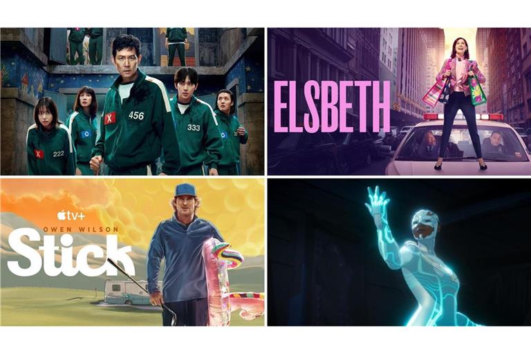 Wie wär’s zum Beispiel mit „Squid Game“, „Elsbeth“, „Ironheart“ oder „Stick“  (von links oben im Uhrzeigersinn)? Unsere Serientipps für Juni.