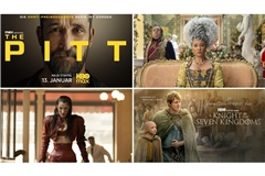Wie wär’s zum Beispiel mit „The Pitt“, „Bridgerton“, „A Knight of the Seven Kingdoms“ oder „The Beauty“ (von links oben im Uhrzeigersinn)? Unsere Serientipps für Januar.
