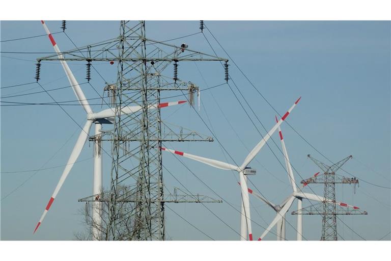 Windkraftanlagen und Strommasten - beides steht für den Ausbau erneuerbare Energie. (Symbolbild)
