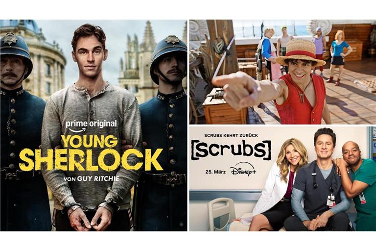 Wir wäre es zum Beispiel mit „Young Sherlock“, „One Piece“ oder „Scrubs“ (von links im Uhrzeigersinn)? Drei unserer Serientipps im März