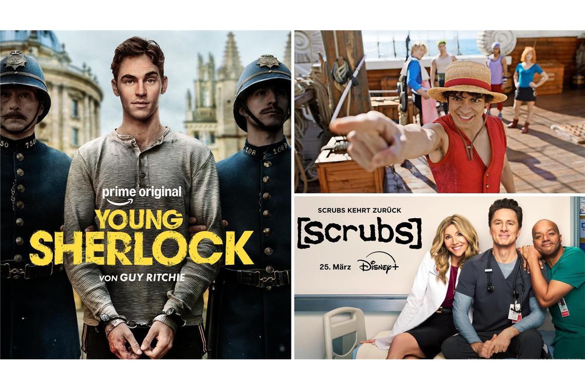 Wir wäre es zum Beispiel mit „Young Sherlock“, „One Piece“ oder „Scrubs“ (von links im Uhrzeigersinn)? Drei unserer Serientipps im März