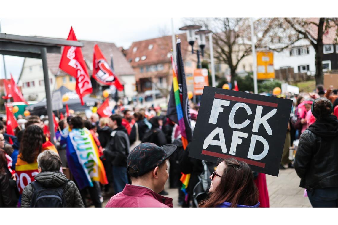 Zahlreiche Menschen nehmen vor einer geplanten AfD-Wahlkampfveranstaltung an einer Protest-Aktion gegen die AfD teil.