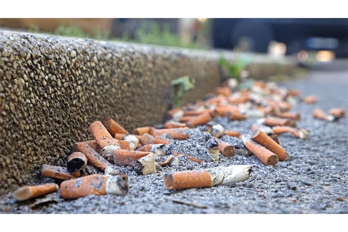 Zigarettenkippen befinden sich mancherorts in großer Zahl am Straßenrand.