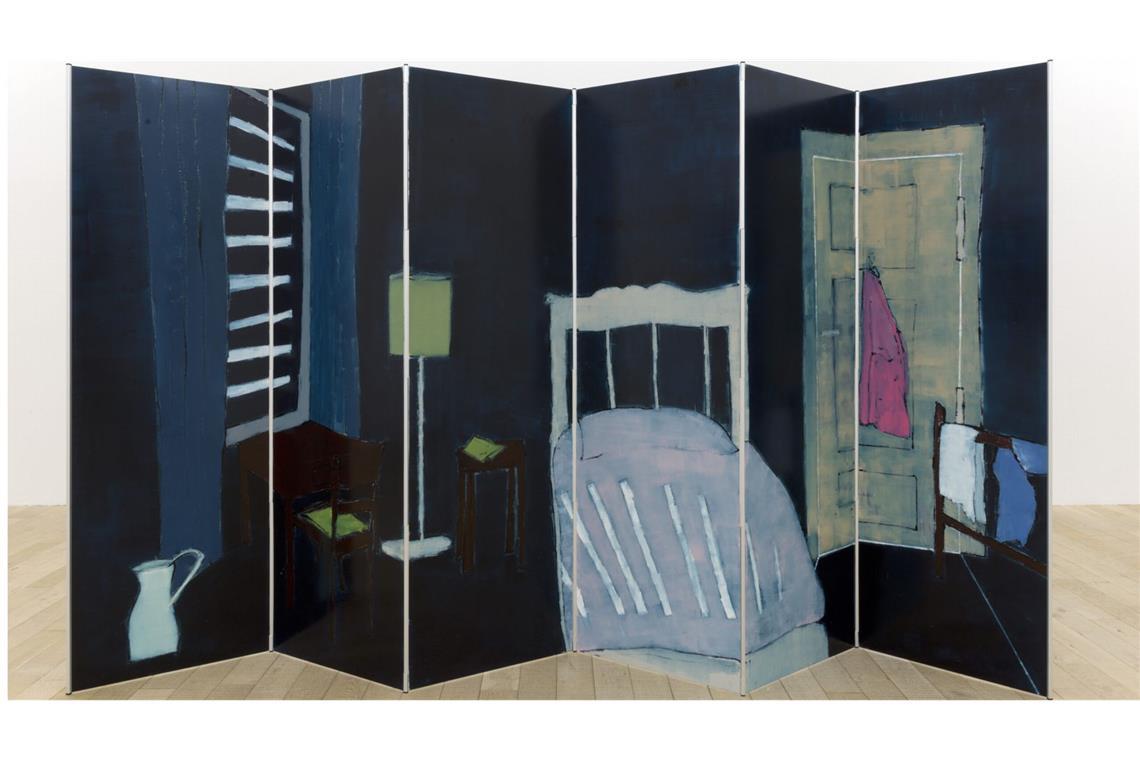 Zeig mir, wie du wohnst, und ich sage dir, wie kaputt du bist Zilla Leutenegger: La Notte, 2018 Paravent, Öl auf Aluminium (Monotypie) 180 x 300 cm, Courtesy of the artist and Galerie Peter Kilchmann, Zürich