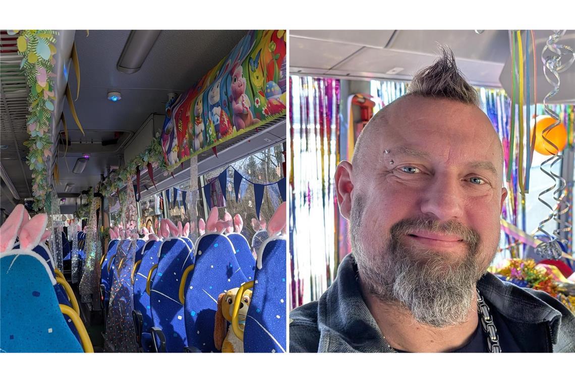 Zu Ostern verwandelt Busfahrer „Borsti“ seinen Schulbus in einen Osterbus.