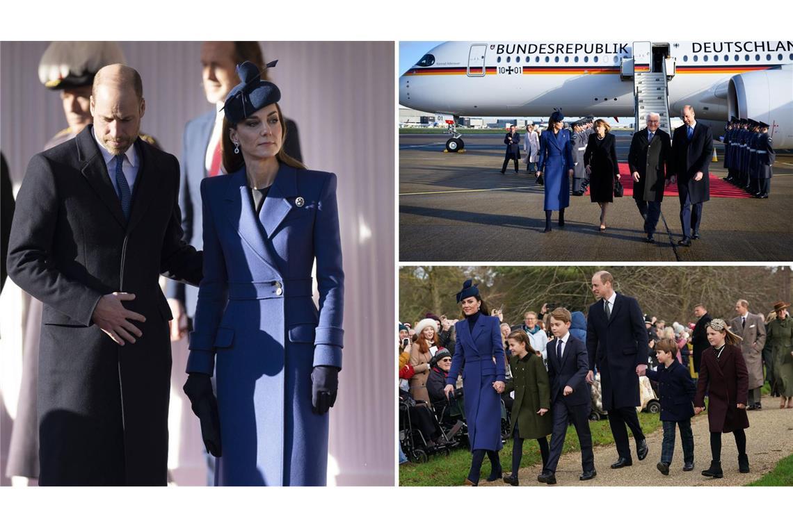 Zwei Anlässe, ein Mantel: Prinzessin Kate beim Empfang der Steinmeiers (großes Foto, rechts oben) und 2023 mit ihrer Familie auf dem Weg zum Gottesdienst in Sandringham (rechts unten).
