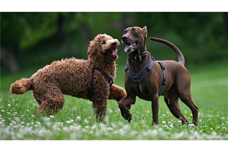 Zwei Hunde laufen auf der Hundewiese im Erfurter Nordpark frei herum. (Symbolbild)