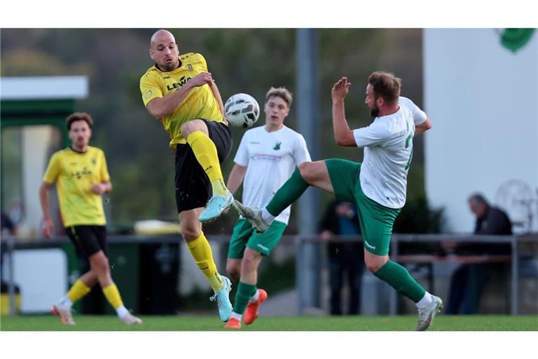 Zwei Routiniers im Kampf um den Ball: Patrik Hofmann (vo. li.) vom SV Leonberg/Eltingen und der Heimerdinger Salvatore Pellegrino (re.)