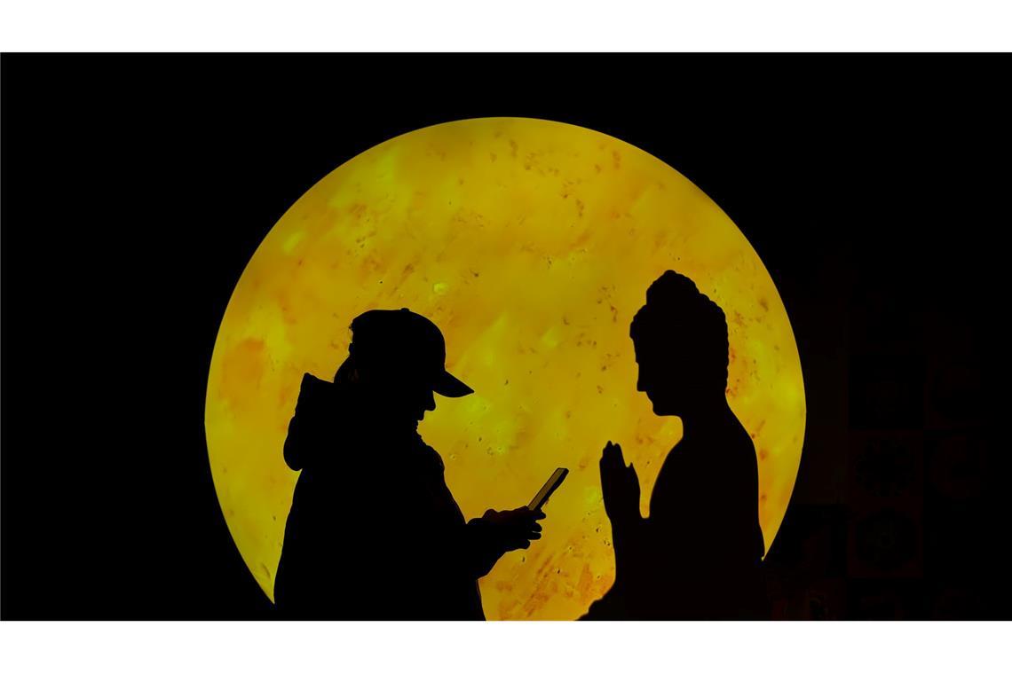 "Zwiegespräch":  Eine Frau surft auf ihrem Smartphone vor einer Buddha-förmigen Pappfigur, die in einem Einkaufszentrum in Peking aufgestellt ist.