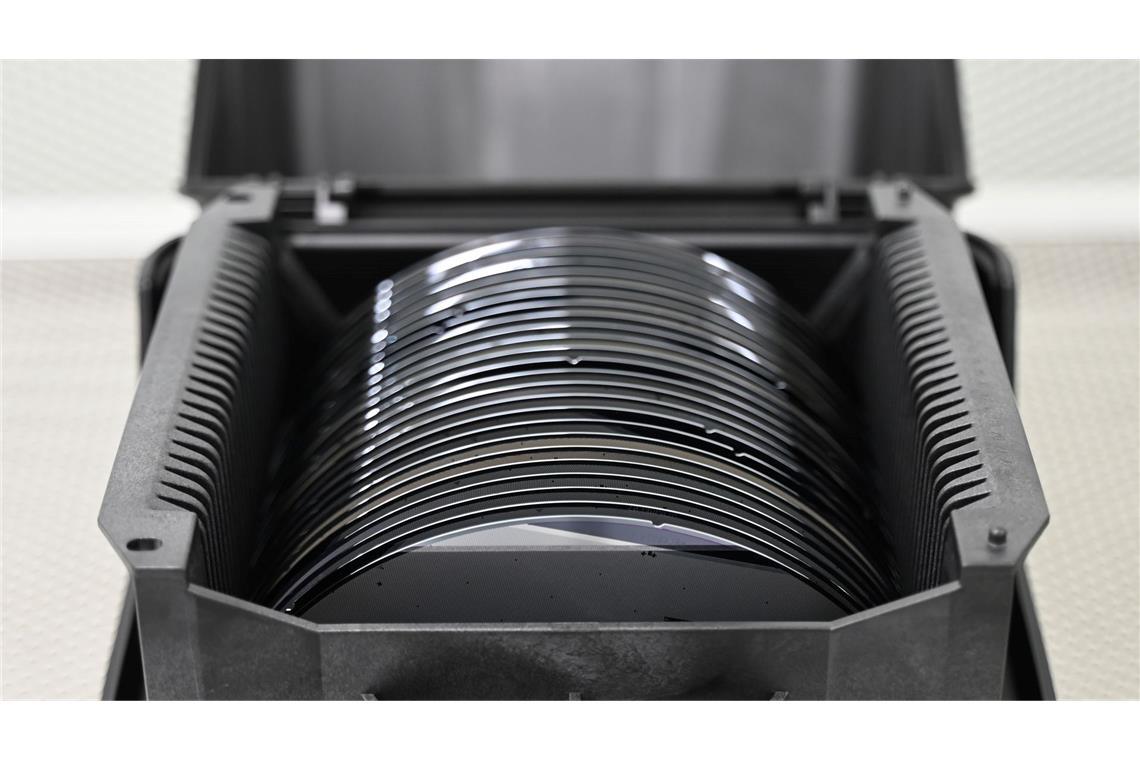 Branchenvertreter: Halbleiter-Ziel der EU ist "utopisch" Zwischenprodukte der Halbleiterproduktion, sogenannte Wafer, liegen in einer Box. (Archivbild)